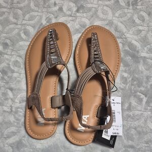 MIA girl Women's Taupe Suede T-Strap Sandals with Bead Detail